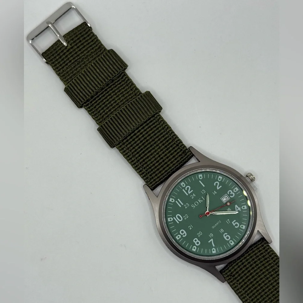 New Soki Canvas Green Face, Military Watch, Date Display, Men's (New Battery)